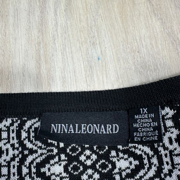 Nina Leonard Black & White Geometric Knit Fit & Flare Sweater Dress Plus 1X - Picture 7 of 16